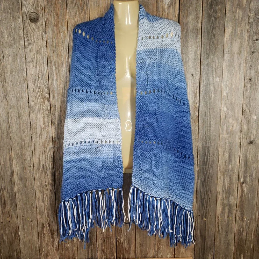 NEW Blue‎ Ombre Knit Shawl Wrap Eyelet Scarf Boho Hippie Coastal Cottage Indie